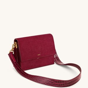 Mini Flap Faux Suede Croc Embossed Crossbody - Burgundy