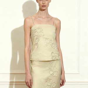Linen Corded Embroidery Strappy Camisole - Natural