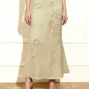 Linen Corded Embroidery Maxi Skirt - Natural