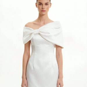 Satin Asymmetric Bow Mini Dress - White