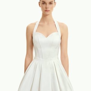 Pleated Bustier Halter Mini Dress - White