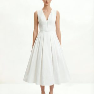 Front V-Neck Pleated Midi Dress - White