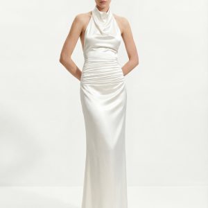 Satin Cowl Neck Ruched Maxi Gown - White