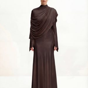 Sheer Shawl Ruched Bodycon Maxi Gown - Brown