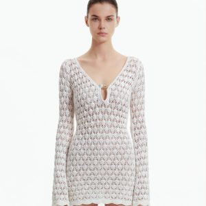 Pointelle Knit Keyhole Mini Dress - White