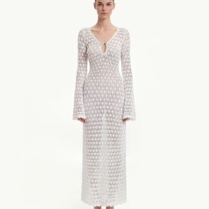 Pointelle Knit Keyhole Maxi Dress - White