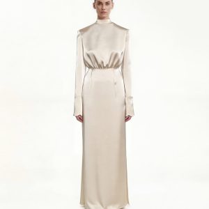 Structured shoulder design satin high-neck fitted midi dress - Cream