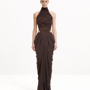 Draped Twist-Front Maxi Skirt - Brown
