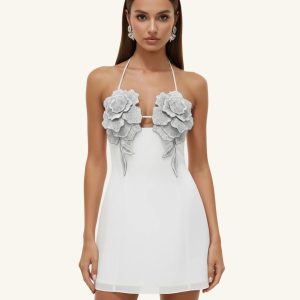 Flower Embroidered Mini Dress - White