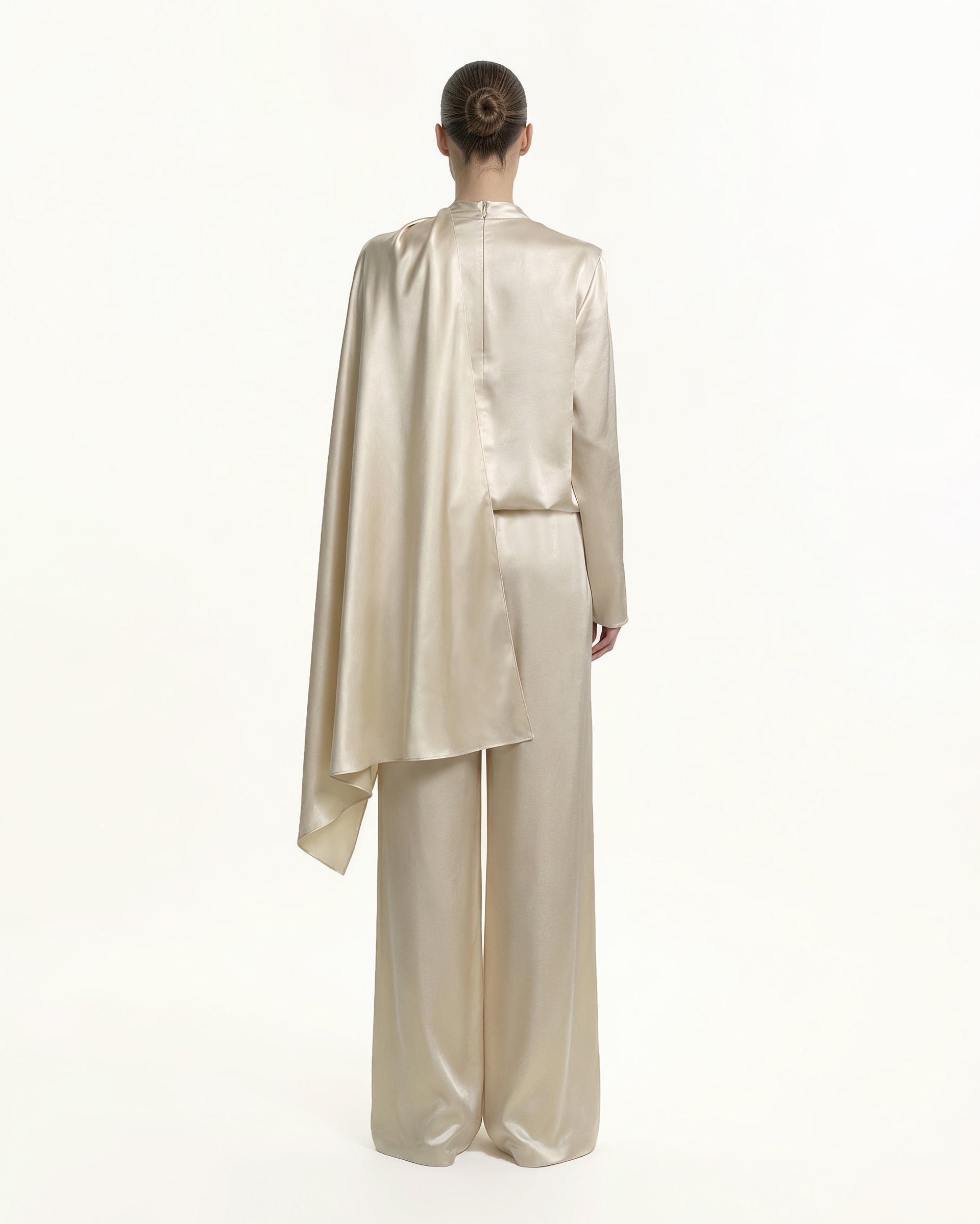 Asymmetric Drape High-Neck Cape Top - Cream - Image 3