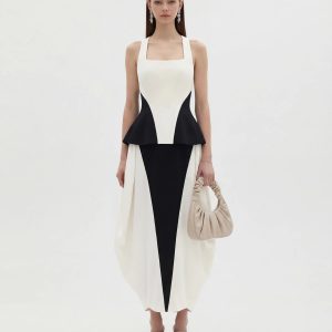 Monochrome Paneled Square-Neck Peplum Top - Black