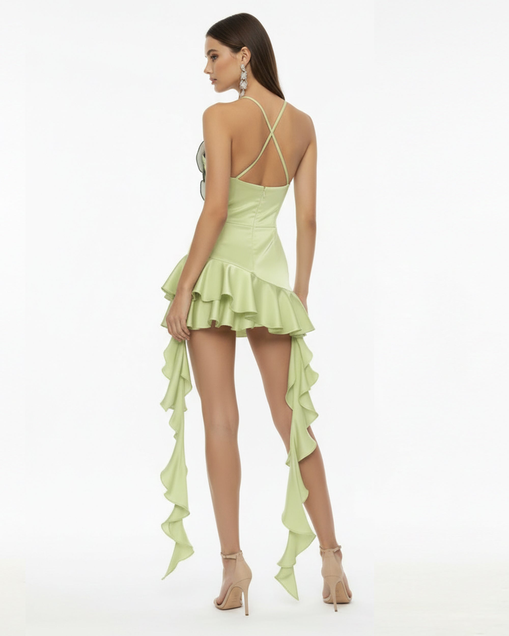 Orchid Embroidered Ruffle Hem Mini Dress - Light Green - Image 2