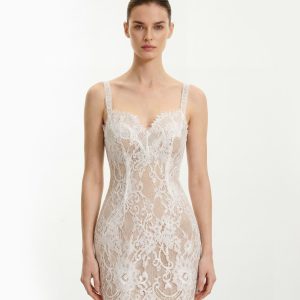 Eyelash Lace Bustier Bodycon Dress - White