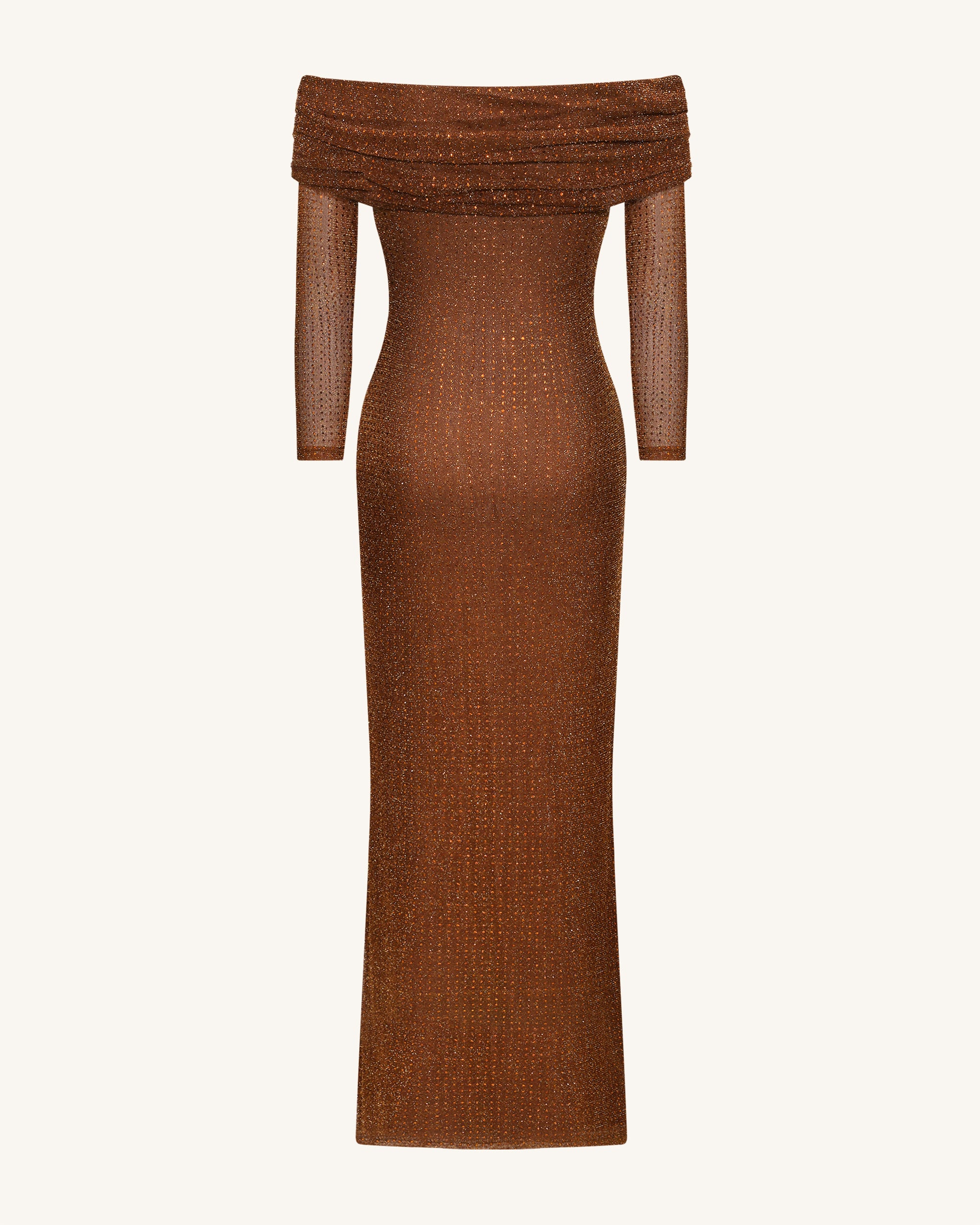 Rhinestone Mesh Off-Shoulder Maxi Dress - Brown - Image 6