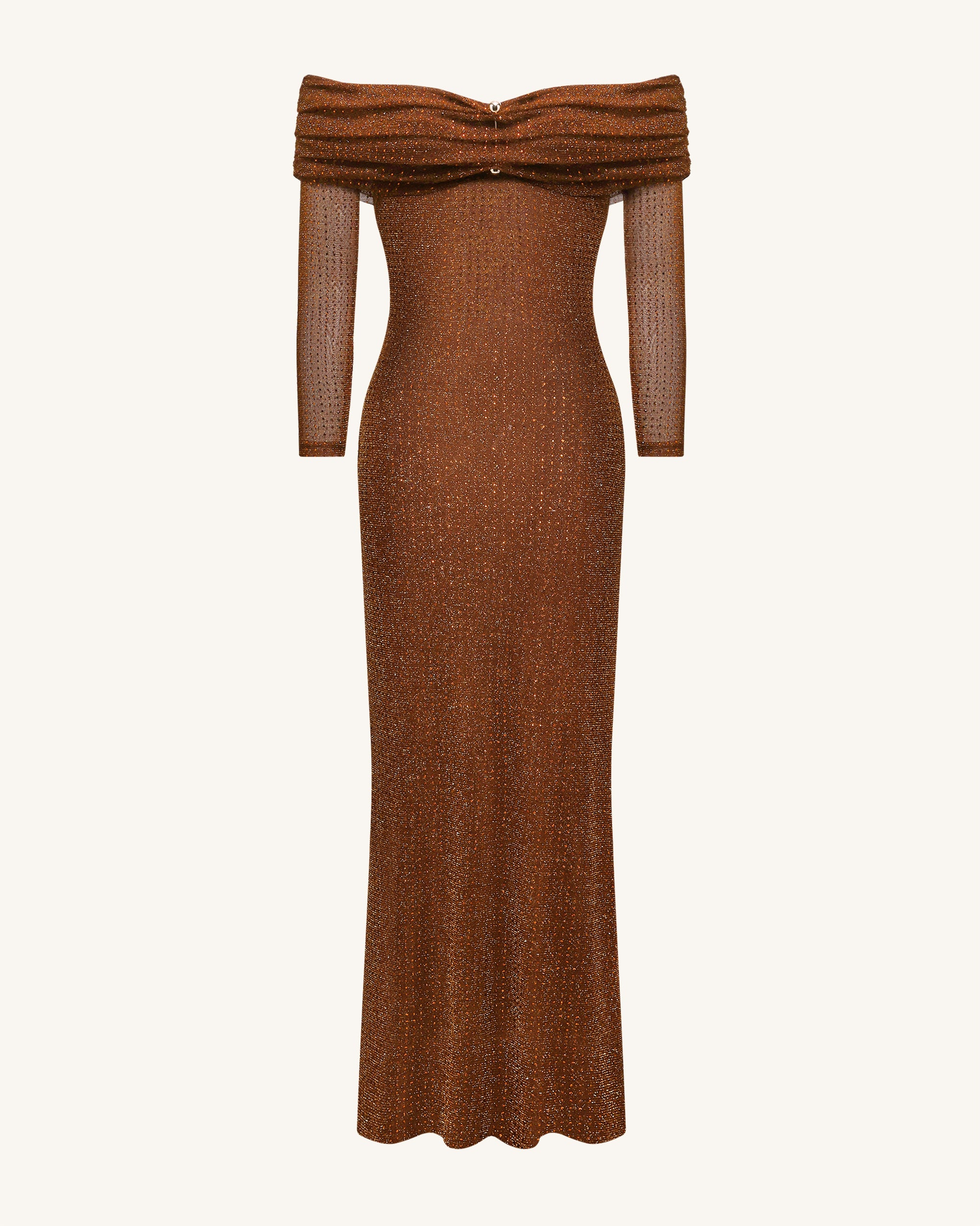 Rhinestone Mesh Off-Shoulder Maxi Dress - Brown - Image 4