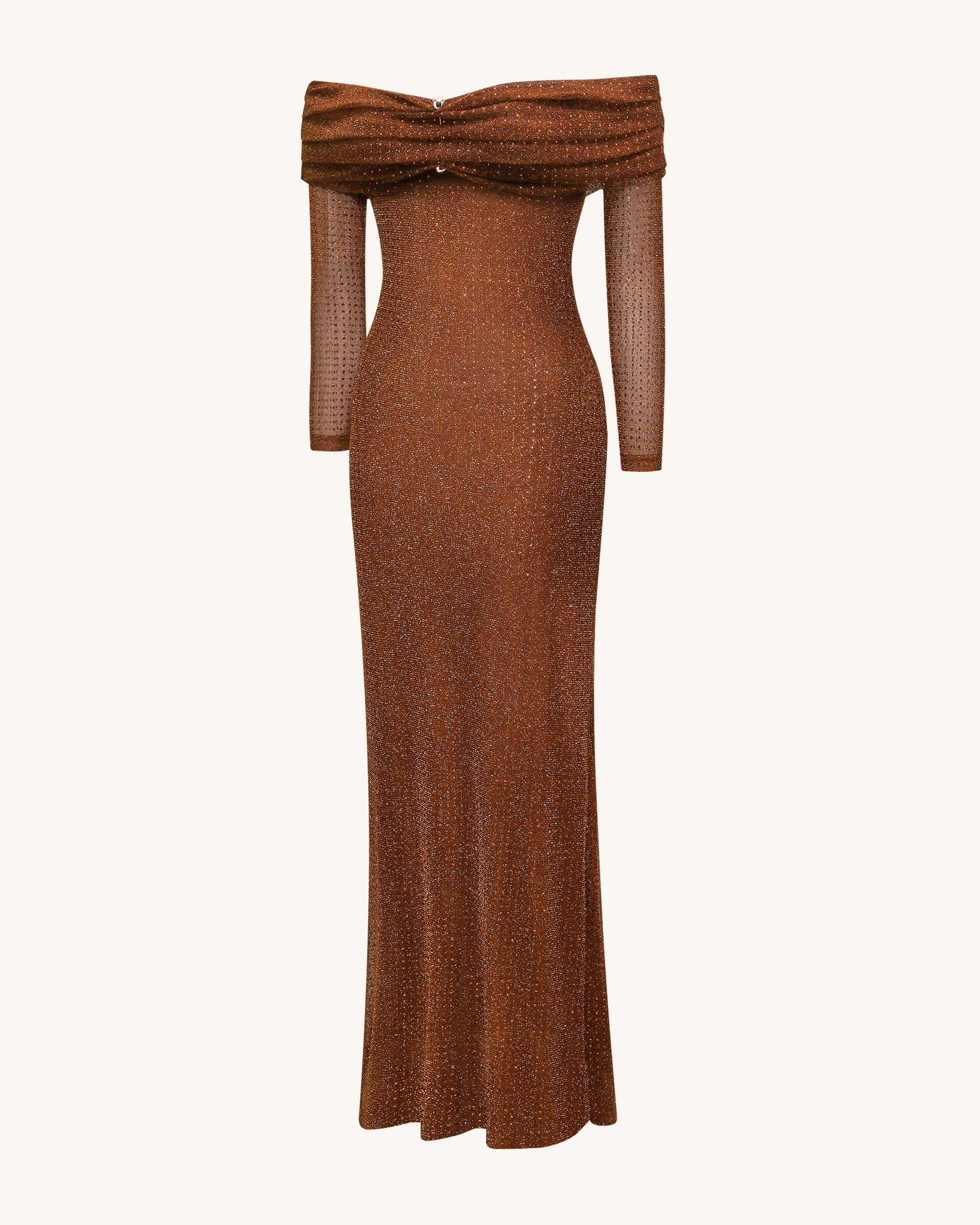 Rhinestone Mesh Off-Shoulder Maxi Dress - Brown - Image 5