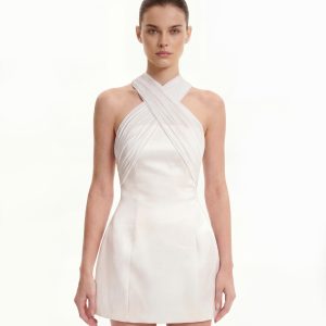 Satin Mini Dress with Tulle Cross-Halter - White