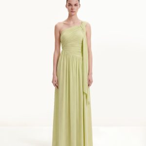 Ruched One-Shoulder Maxi Dress with Trailing Sash - Green