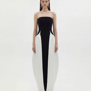 Monochrome Paneled Strapless Sculptural Maxi Dress - Black