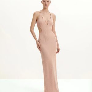 Ribbed Knit Cutout Maxi Dress - Pink