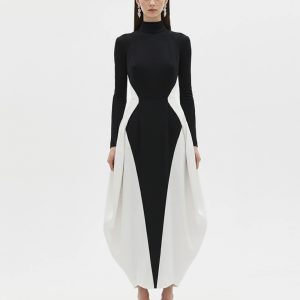 Monochrome Paneled Long-Sleeve Maxi Dress - Black