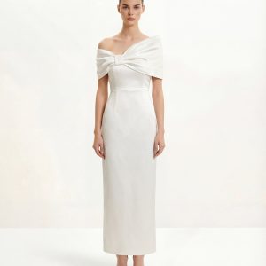 Satin Asymmetric Bow Maxi Dress - White