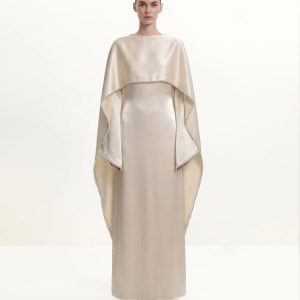 198Pearl-Trimmed Cape Sleeve Boat Neck Maxi Gown-Cream