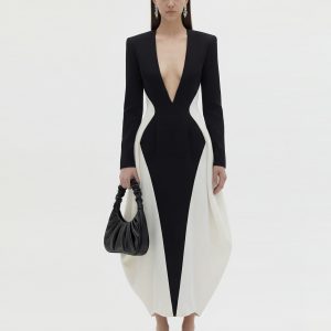 Monochrome Paneled Plunging V-Neck Long-Sleeve Maxi Dress - Black