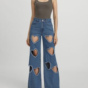 Sophia Embellished Heart Cut-Out Denim Jeans - Medium Blue