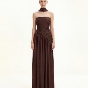 Ruched Panel Strapless Maxi Dress - Brown
