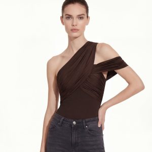 Ruched Asymmetric One-Shoulder Top - Brown