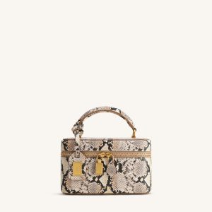Cleo Snake-Embossed Box Shape Top Handle Bag - Beige