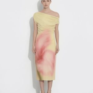 Watercolor Floral Print One-Shoulder Asymmetric Midi Dress - Yellow