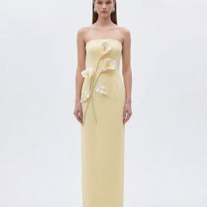 Floral Appliqué Strapless Dress - Yellow