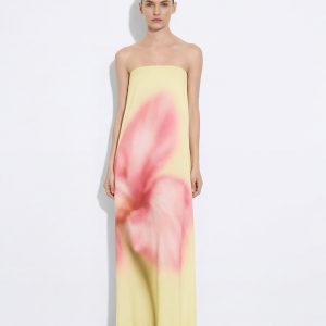Watercolor Floral Print Strapless Maxi Dress - Yellow
