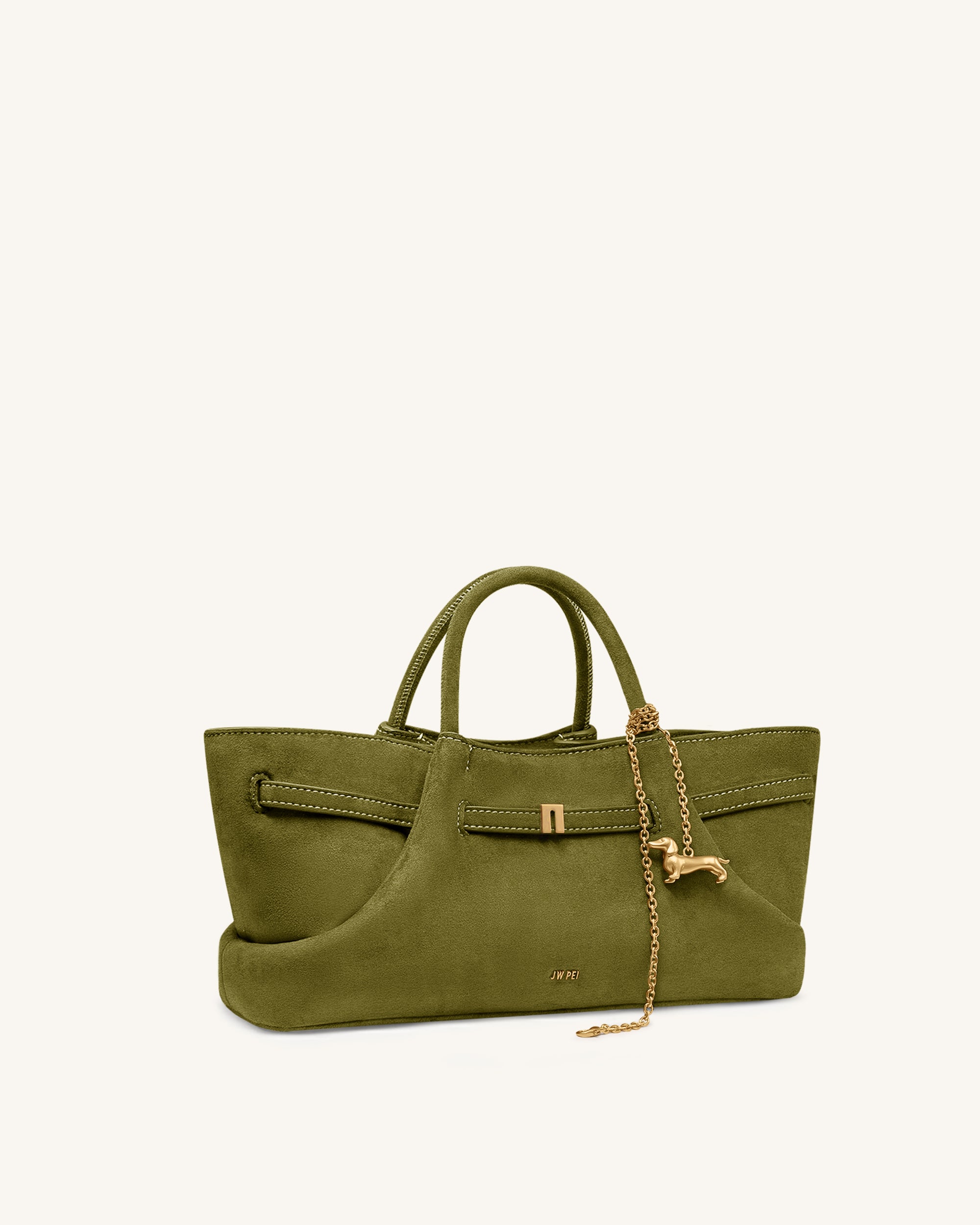 Maeve Dachshund Metal Charm Faux Suede Tote Bag - Olive Green - Image 2