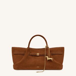 Maeve Dachshund Metal Charm Faux Suede Tote Bag - Brown