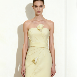 3D Floral Appliqué Strapless Mini Dress - Yellow