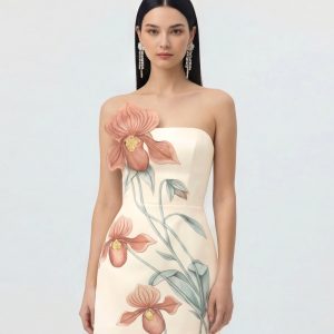 Slipper Orchid Appliqué Mini Dress - Ivory/Peach Pink