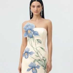 Slipper Orchid Appliqué Mini Dress - Ivory/Blue