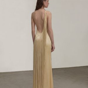 Fringe One Shoulder Maxi Dress - Champagne