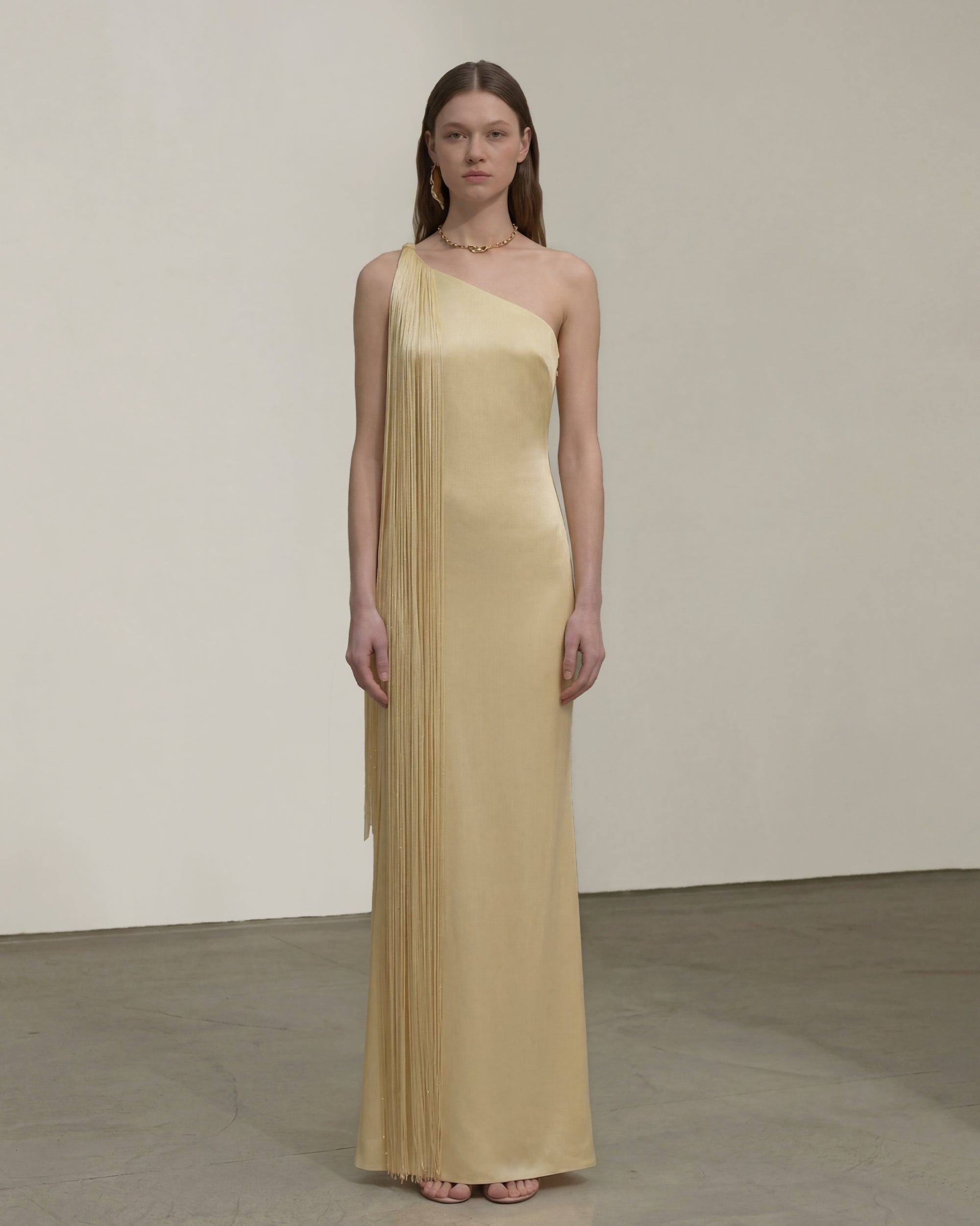 Fringe One Shoulder Maxi Dress - Champagne - Image 2