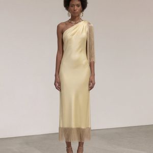 One Shoulder Fringe Midi Dress - Champagne