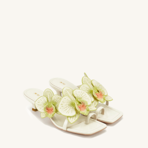 Serena Orchid Embroidered Toe Ring Heeled Sandals - Ivory Green