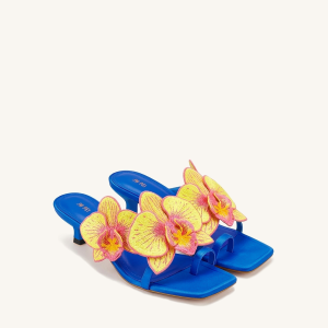 Serena Orchid Embroidered Toe Ring Heeled Sandals - Royal Blue
