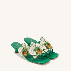 Serena Orchid Embroidered Toe Ring Heeled Sandals - Emerald Green