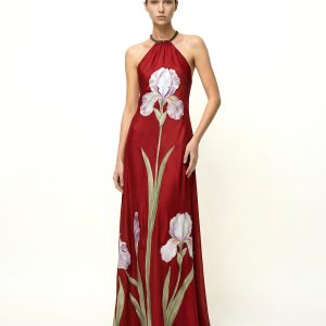 Iris Floral Print Halter Maxi Dress - Ruby
