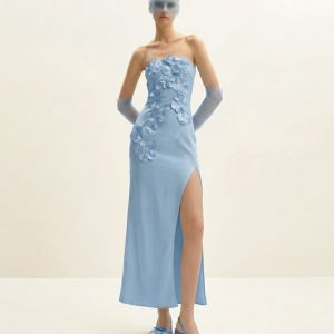 Floral Embroidered Long Dress - Blue