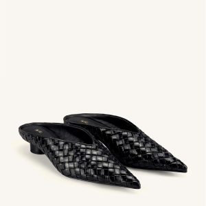 Helena Woven Textured Pointed Toe Mules - Black
