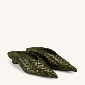 Helena Woven Textured Pointed Toe Mules - Olive Green